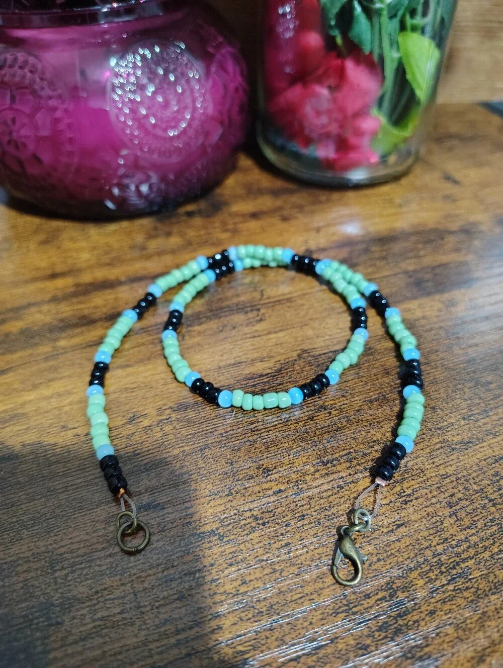 Handmade Green, Black & Light Blue Beaded Men's Necklace